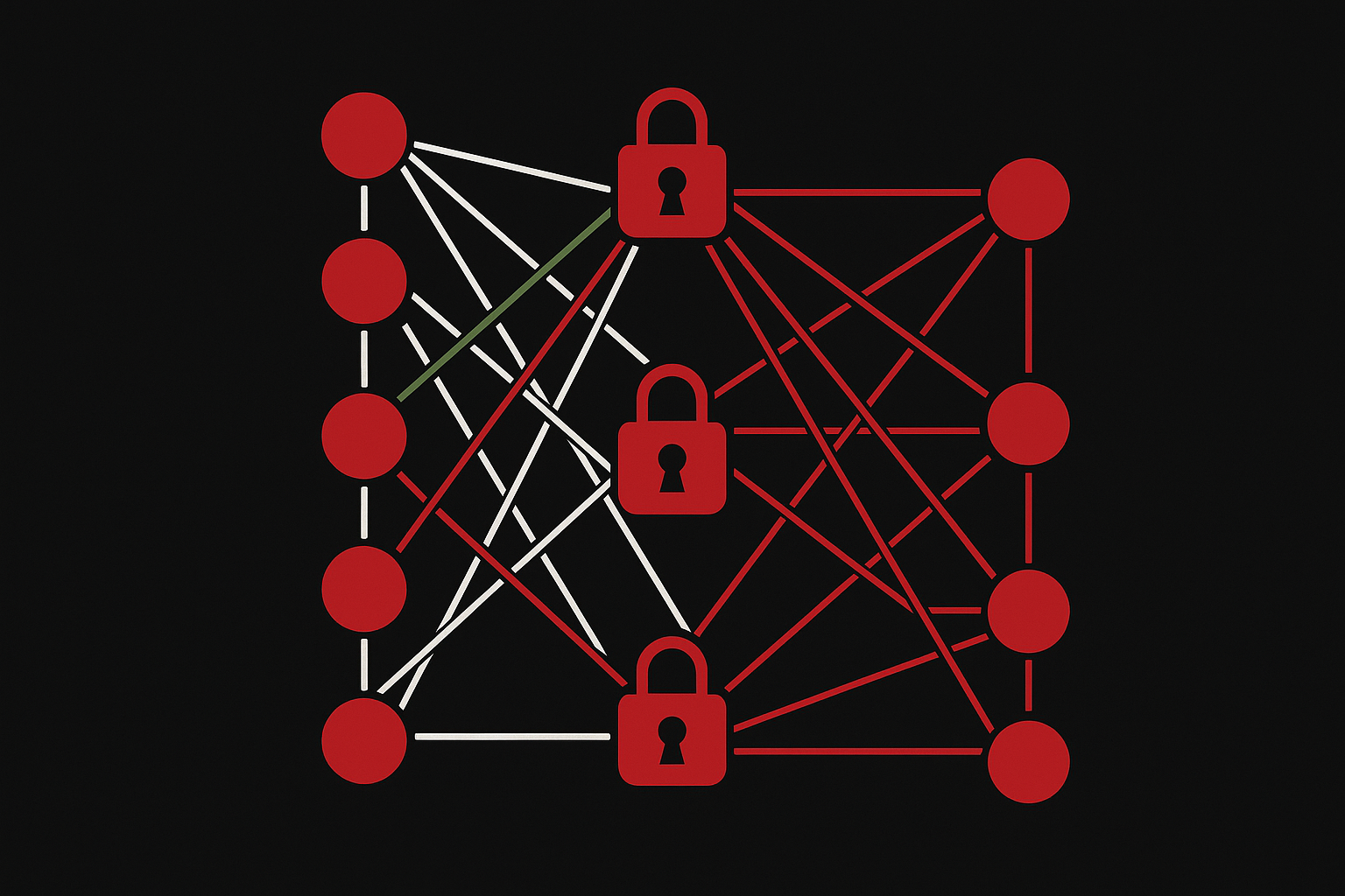 Neural network diagram with secured paths (locks)